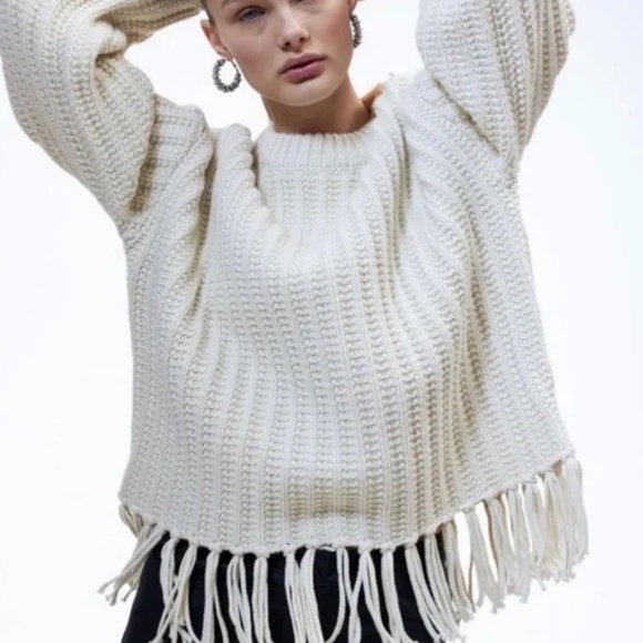 BNWT H&M Fringe-Trimmed Chunky Knit Cream Sweater XXL - Picture 6 of 6
